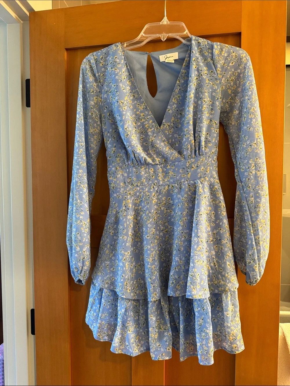 Japna Brand Blue Floral Tiered Long-Sleeve Mini Wrap Dress